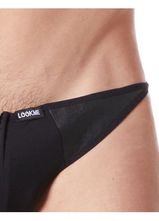 Slip brief noir sexy avec fermeture éclair et côtés style cuir dos transparent - LM813-61BLK