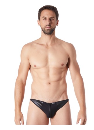 Slip brief noir sexy avec fermeture éclair et côtés style cuir dos transparent - LM813-61BLK