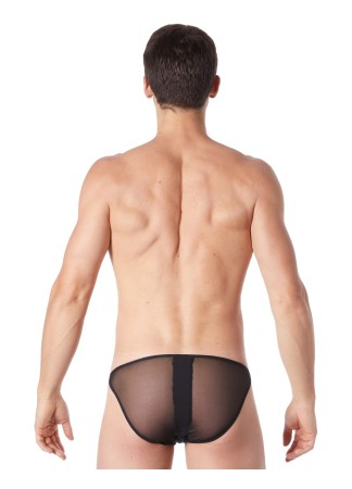 Slip brief noir sexy avec fermeture éclair et côtés style cuir dos transparent - LM813-61BLK