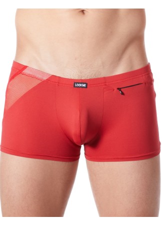 Boxer rouge sexy avec bandes fine résille et déco zippée - LM808-67RED