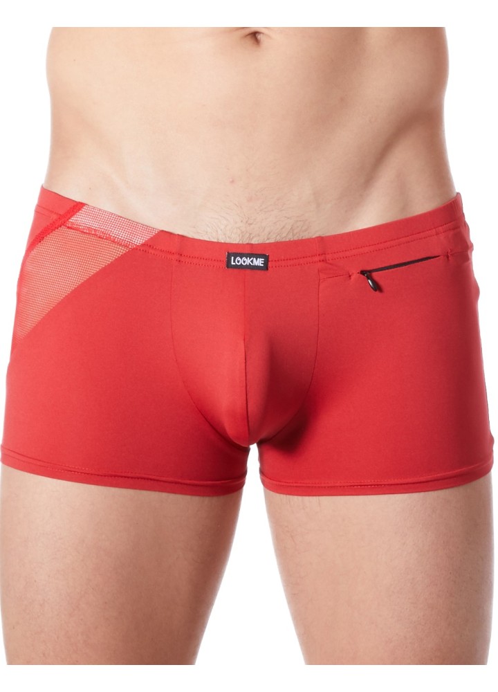 Boxer rouge sexy avec bandes fine résille et déco zippée - LM808-67RED