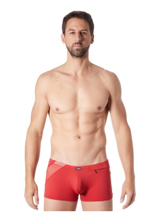 Boxer rouge sexy avec bandes fine résille et déco zippée - LM808-67RED