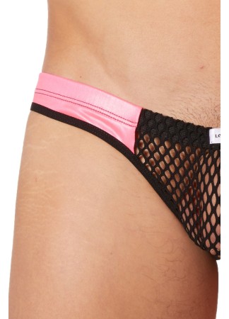 Slip noir filet avec bandes simili cuir roses - LM911-61MBKM