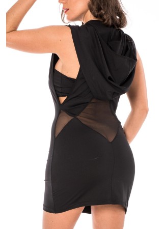 Robe noire sensuelle avec capuche et bandeau poitrine Adriana - LDP2BLK