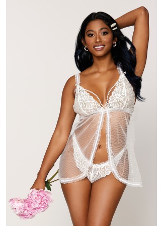 Babydoll blanche avec perles et string assorti - DG12834WHT