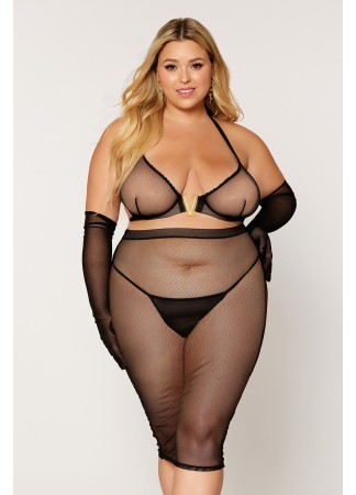 Ensemble 2 pièces grande taille, soutien gorge et jupe longue transparente noir - DG12770XBLK