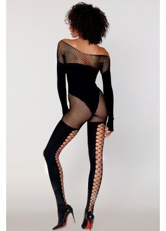 Bodystocking manches longues effet body et bas noir - DG0443BLK