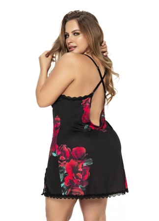 Nuisette noire grande taille motif fleuri et string assorti - MAL7438XBLF