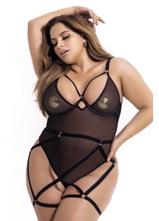 Bodystring grande taille transparent avec porte jarretelles harnais - MAL2695XBLK